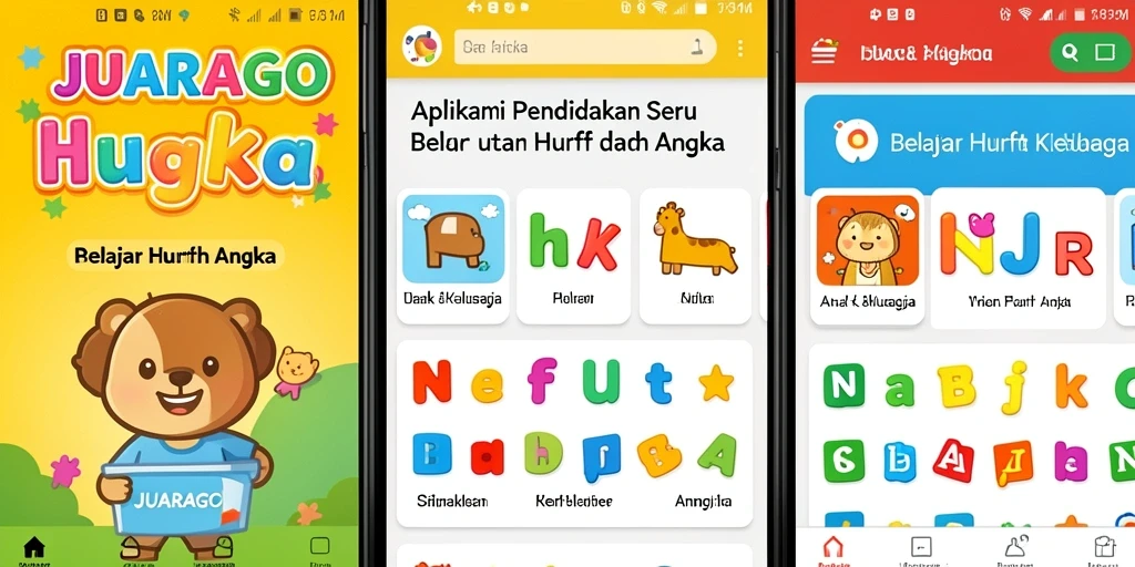 Tampilan antarmuka JUARAGO yang ramah anak dalam belajar huruf dan angka.